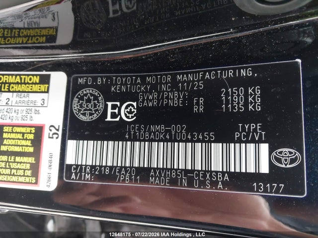 2026 Toyota Camry Hybrid Se Upgrade Awd მანქანა იყიდება აუქციონზე, vin: 4T1DBADK4TU043455, აუქციონის ნომერი: 12648175
