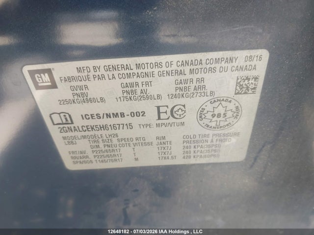 Продаж на аукціоні авто 2017 Chevrolet Equinox Lt, vin: 2GNALCEK5H6167715, номер лоту: 12648182