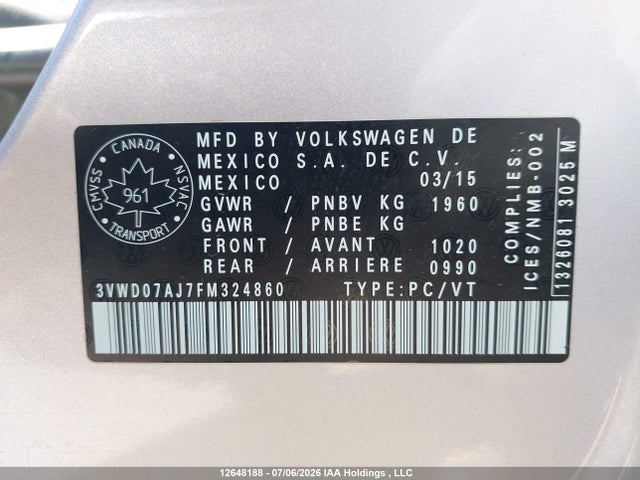 3VWD07AJ7FM324860 Volkswagen Jetta 1.8 Tsi Comfortline/1.8 Tsi Trendline+