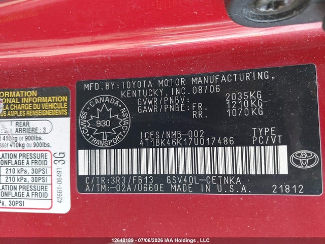12648189 :رقم المزاد ، 4T1BK46K17U017486 vin ، 2007 Toyota Camry Le/xle/se مزاد بيع