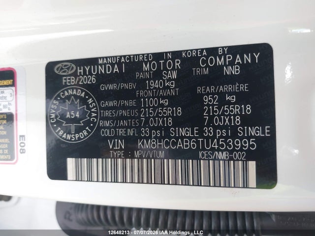 Продажа на аукционе авто 2026 Hyundai Kona Preferred-trend, vin: KM8HCCAB6TU453995, номер лота: 12648213