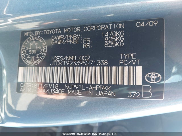 Aukcja sprzedaży 2009 Toyota Yaris Rs, vin: JTDKT923395271338, numer aukcji: 12648219