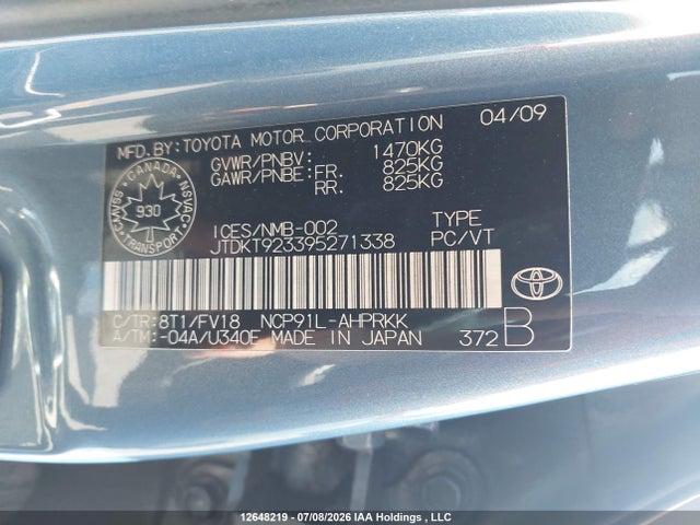 Aukcja sprzedaży 2009 Toyota Yaris Rs, vin: JTDKT923395271338, numer aukcji: 12648219