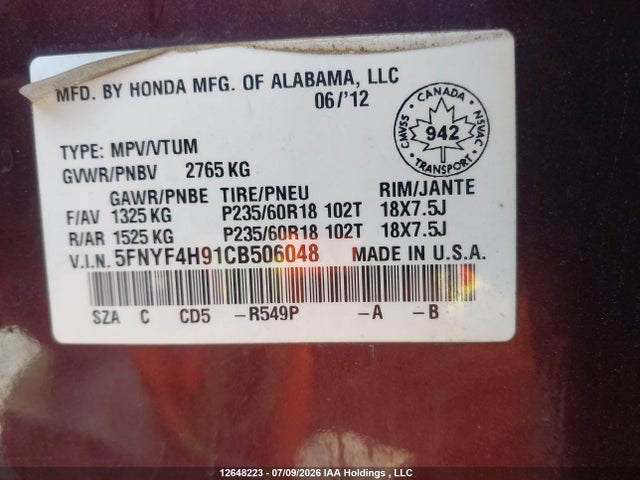 Продаж на аукціоні авто 2012 Honda Pilot Touring, vin: 5FNYF4H91CB506048, номер лоту: 12648223