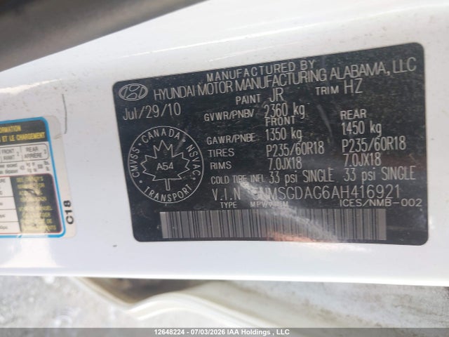 Aukcja sprzedaży 2010 Hyundai Santa Fe Gl 3.5 Sport, vin: 5NMSGDAG6AH416921, numer aukcji: 12648224
