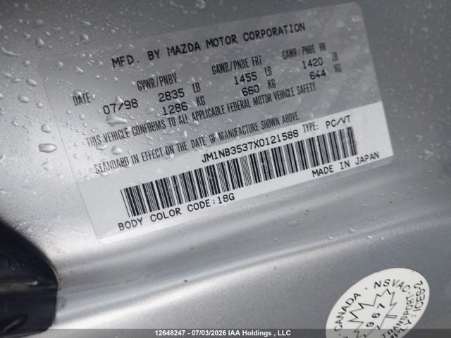 1999 Mazda Mx5 Miata მანქანა იყიდება აუქციონზე, vin: JM1NB3537X0121588, აუქციონის ნომერი: 12648247
