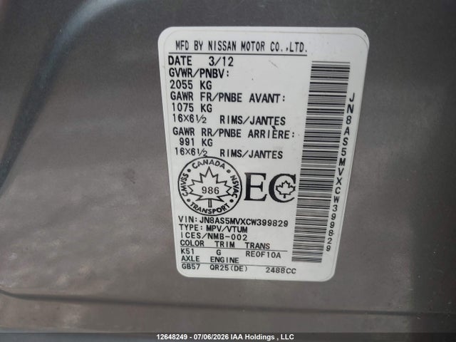 Продаж на аукціоні авто 2012 Nissan Rogue S/sv, vin: JN8AS5MVXCW399829, номер лоту: 12648249