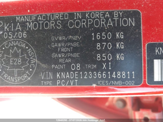 12648250 :رقم المزاد ، KNADE123366148811 vin ، 2006 Kia Rio Ex مزاد بيع