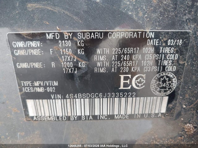 Продаж на аукціоні авто 2018 Subaru Outback 2.5i Premium, vin: 4S4BSDGC6J3335222, номер лоту: 12648255