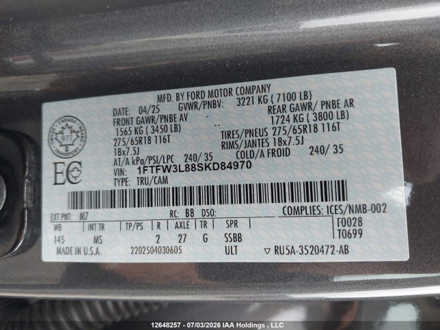 12648257 :رقم المزاد ، 1FTFW3L88SKD84970 vin ، 2025 Ford F-150 Xlt مزاد بيع