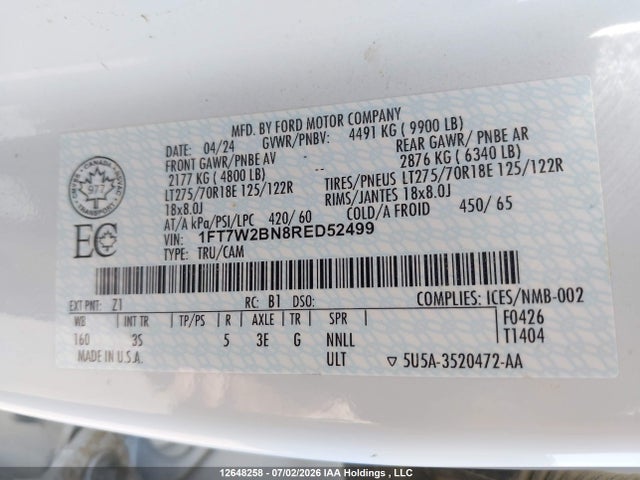 Продаж на аукціоні авто 2024 Ford F-250 Xlt, vin: 1FT7W2BN8RED52499, номер лоту: 12648258