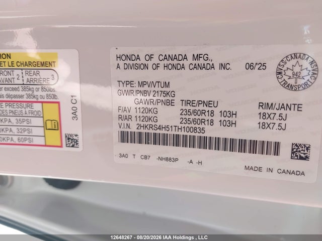 2HKRS4H51TH100835 Honda Cr-v Sport