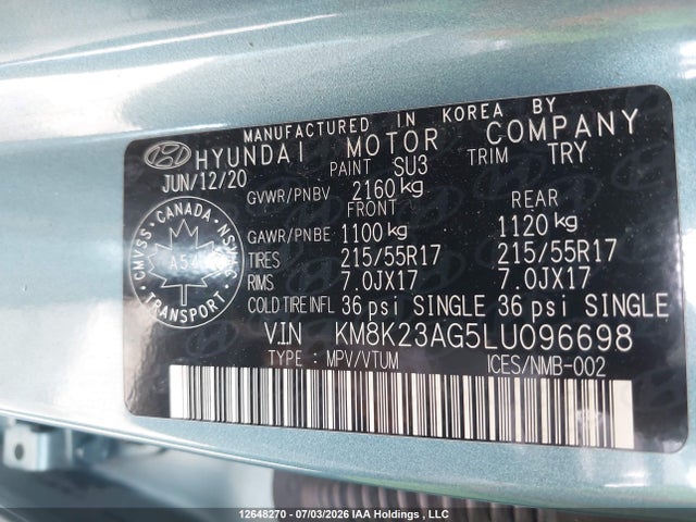 12648270 :رقم المزاد ، KM8K23AG5LU096698 vin ، 2020 Hyundai Kona Electric Preferred With Two-tone Roof مزاد بيع
