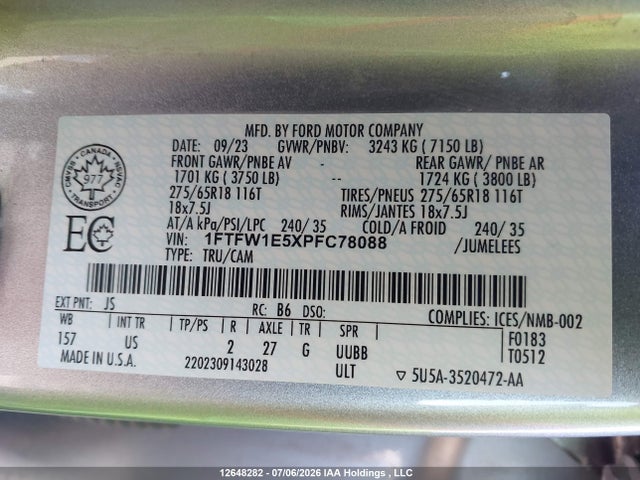 12648282 :رقم المزاد ، 1FTFW1E5XPFC78088 vin ، 2023 Ford F-150 King Ranch/lariat/platinum/tremor/xl/xlt مزاد بيع