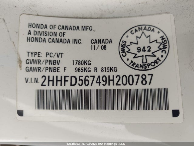 Продаж на аукціоні авто 2009 Acura Csx Technology Package, vin: 2HHFD56749H200787, номер лоту: 12648303