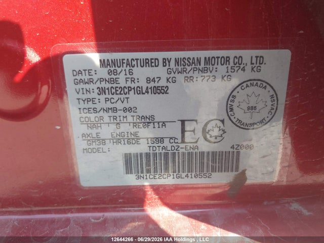 Aukcja sprzedaży 2016 Nissan Versa Note 1.6 S/1.6 Sl/1.6 Sr/1.6 Sv, vin: 3N1CE2CP1GL410552, numer aukcji: 12644266
