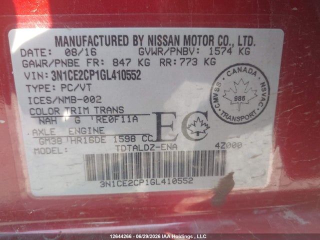 Aukcja sprzedaży 2016 Nissan Versa Note 1.6 S/1.6 Sl/1.6 Sr/1.6 Sv, vin: 3N1CE2CP1GL410552, numer aukcji: 12644266