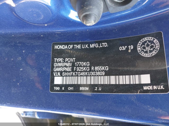 12648312 :رقم المزاد ، SHHFK7G46KU303809 vin ، 2019 Honda Civic Sport مزاد بيع