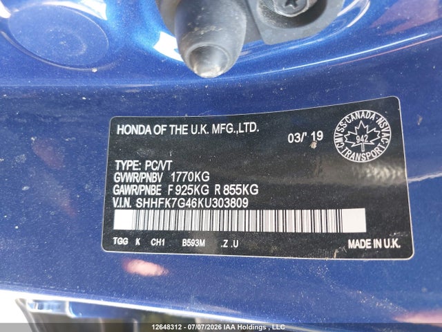 12648312 :رقم المزاد ، SHHFK7G46KU303809 vin ، 2019 Honda Civic Sport مزاد بيع