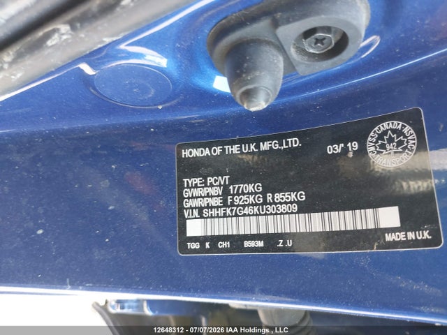 12648312 :رقم المزاد ، SHHFK7G46KU303809 vin ، 2019 Honda Civic Sport مزاد بيع