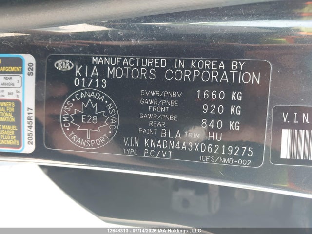 12648313 :رقم المزاد ، KNADN4A3XD6219275 vin ، 2013 Kia Rio Ex/sx مزاد بيع