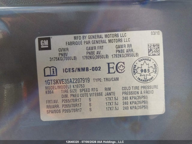 12648320 :رقم المزاد ، 1GTSKVE35AZ207919 vin ، 2010 Gmc Sierra K1500 Sle مزاد بيع