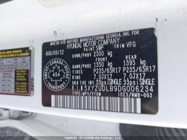 12648322 :رقم المزاد ، 5XYZUDLB9DG006234 vin ، 2013 Hyundai Santa Fe Sport 2.4 Luxury مزاد بيع