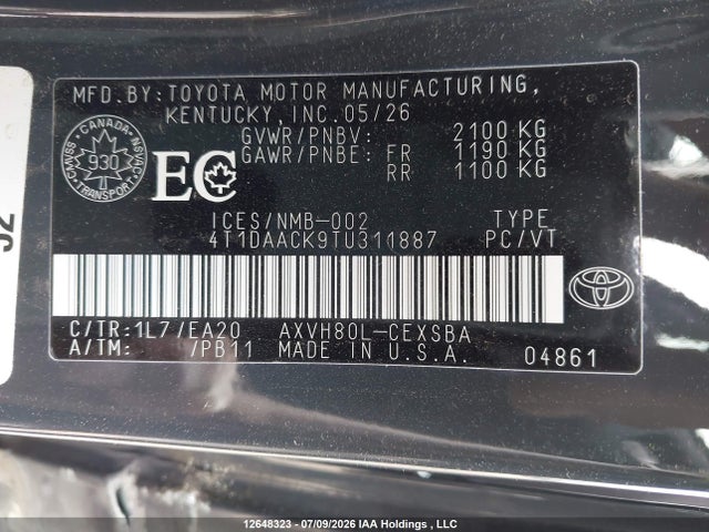 12648323 :رقم المزاد ، 4T1DAACK9TU311887 vin ، 2026 Toyota Camry Xse/night Shade/le/xle/se مزاد بيع
