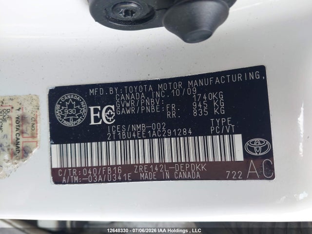 2010 Toyota Corolla S/le/xle მანქანა იყიდება აუქციონზე, vin: 2T1BU4EE1AC291284, აუქციონის ნომერი: 12648330