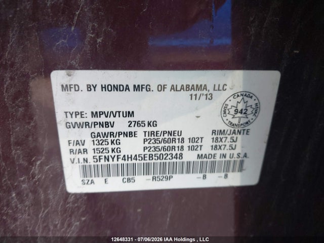 5FNYF4H45EB502348 Honda Pilot Ex