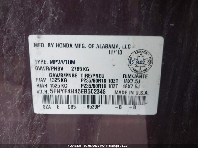 5FNYF4H45EB502348 Honda Pilot Ex