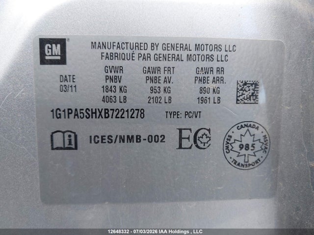 12648332 :رقم المزاد ، 1G1PA5SHXB7221278 vin ، 2011 Chevrolet Cruze Ls مزاد بيع
