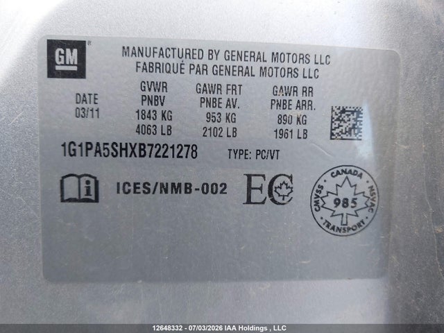 12648332 :رقم المزاد ، 1G1PA5SHXB7221278 vin ، 2011 Chevrolet Cruze Ls مزاد بيع