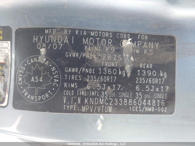 2008 Hyundai Entourage Gls/se/limited მანქანა იყიდება აუქციონზე, vin: KNDMC233886044816, აუქციონის ნომერი: 12648340