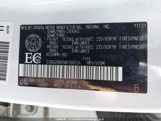 Aukcja sprzedaży 2022 Toyota Highlander Xle, vin: 5TDGZRBH5NS168524, numer aukcji: 12648346