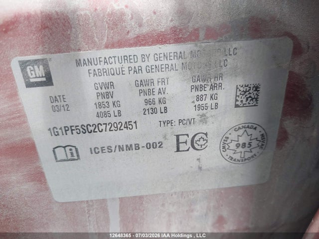 12648365 :رقم المزاد ، 1G1PF5SC2C7292451 vin ، 2012 Chevrolet Cruze Lt مزاد بيع
