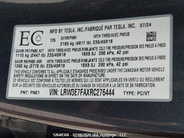 Aukcja sprzedaży 2024 Tesla Model 3 Rwd, vin: LRW3E7FAXRC276444, numer aukcji: 12648368
