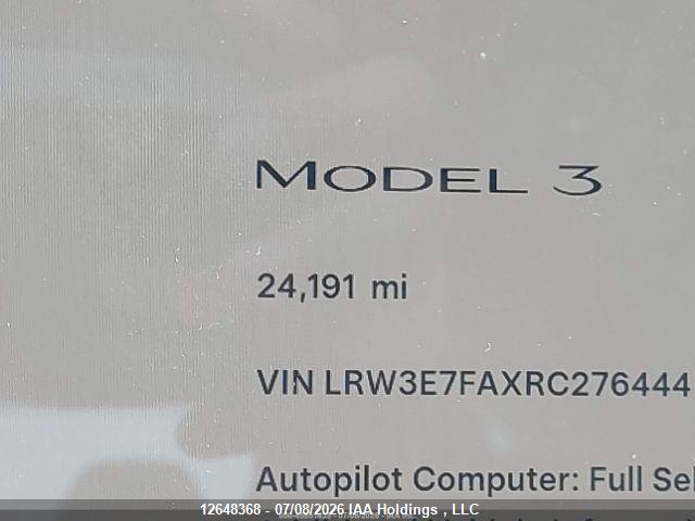Aukcja sprzedaży 2024 Tesla Model 3 Rwd, vin: LRW3E7FAXRC276444, numer aukcji: 12648368