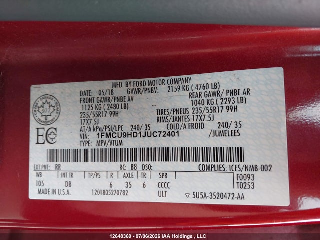 Ford ESCAPE SEL 2018 1FMCU9HD1JUC72401 Image 9
