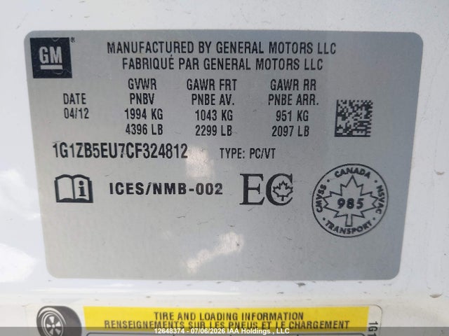 2012 Chevrolet Malibu Ls მანქანა იყიდება აუქციონზე, vin: 1G1ZB5EU7CF324812, აუქციონის ნომერი: 12648374
