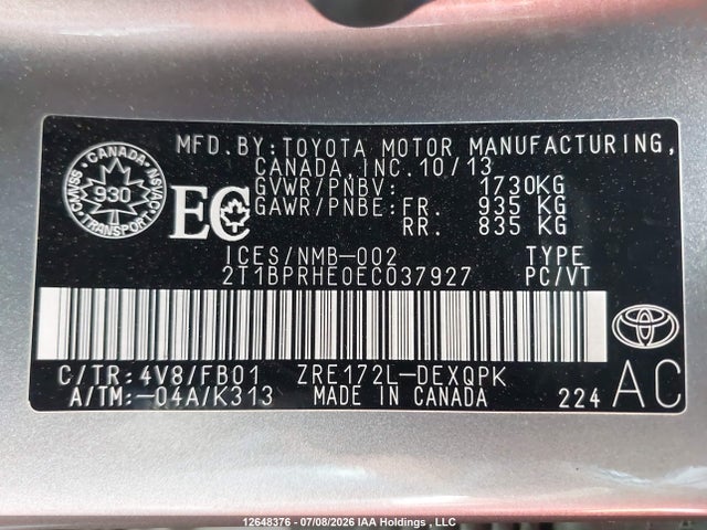 2T1BPRHE0EC037927 Toyota Corolla Eco/eco Plus/eco Premium