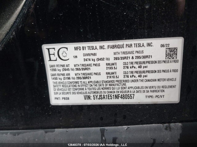 Продажа на аукционе авто 2022 Tesla Model S, vin: 5YJSA1E51NF480557, номер лота: 12648378