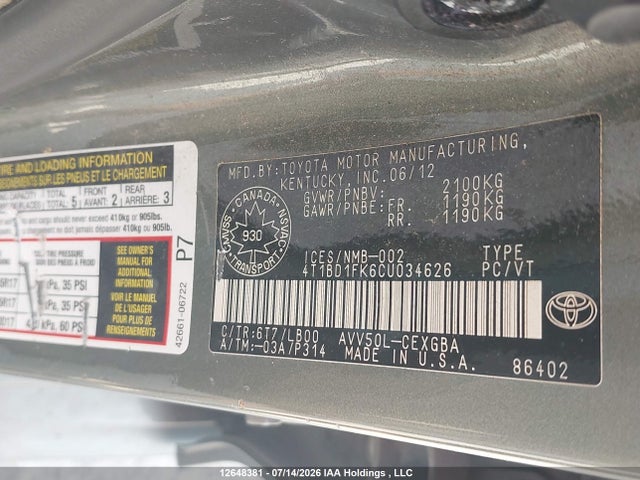 Продажа на аукционе авто 2012 Toyota Camry Hybrid/le/xle, vin: 4T1BD1FK6CU034626, номер лота: 12648381