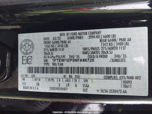 12648384 :رقم المزاد ، 1FTEW1EP5NFA86720 vin ، 2022 Ford F-150 Lariat مزاد بيع