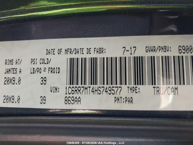 Продажа на аукционе авто 2017 Ram 1500 Sport, vin: 1C6RR7MT4HS749577, номер лота: 12648385