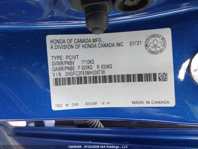 Honda Civic 2021 2HGFC2F83MH008736 Image 9