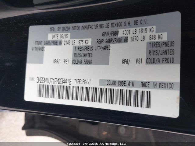 12648391 :رقم المزاد ، 3MZBM1U71FM234418 vin ، 2015 Mazda Mazda3 مزاد بيع