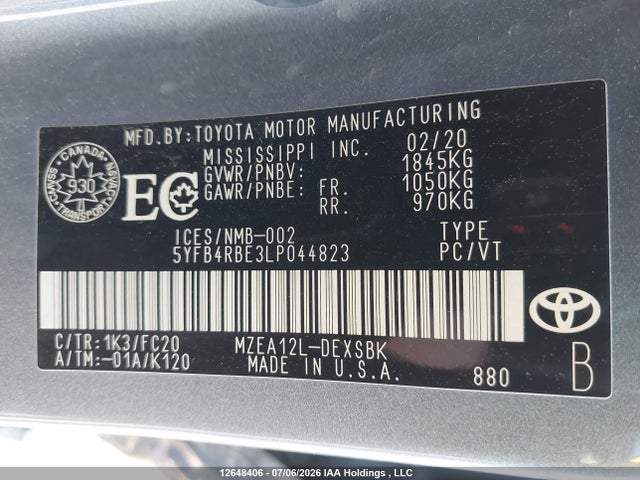 Продаж на аукціоні авто 2020 Toyota Corolla Se, vin: 5YFB4RBE3LP044823, номер лоту: 12648406