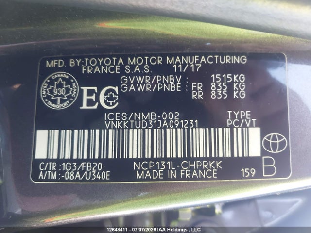 2018 Toyota Yaris L/le/se მანქანა იყიდება აუქციონზე, vin: VNKKTUD31JA091231, აუქციონის ნომერი: 12648411