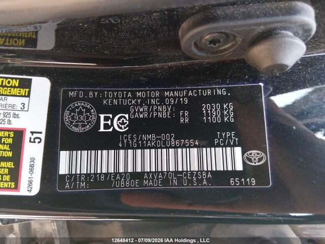 Toyota CAMRY SE 2020 4T1G11AK0LU867554 Image 9